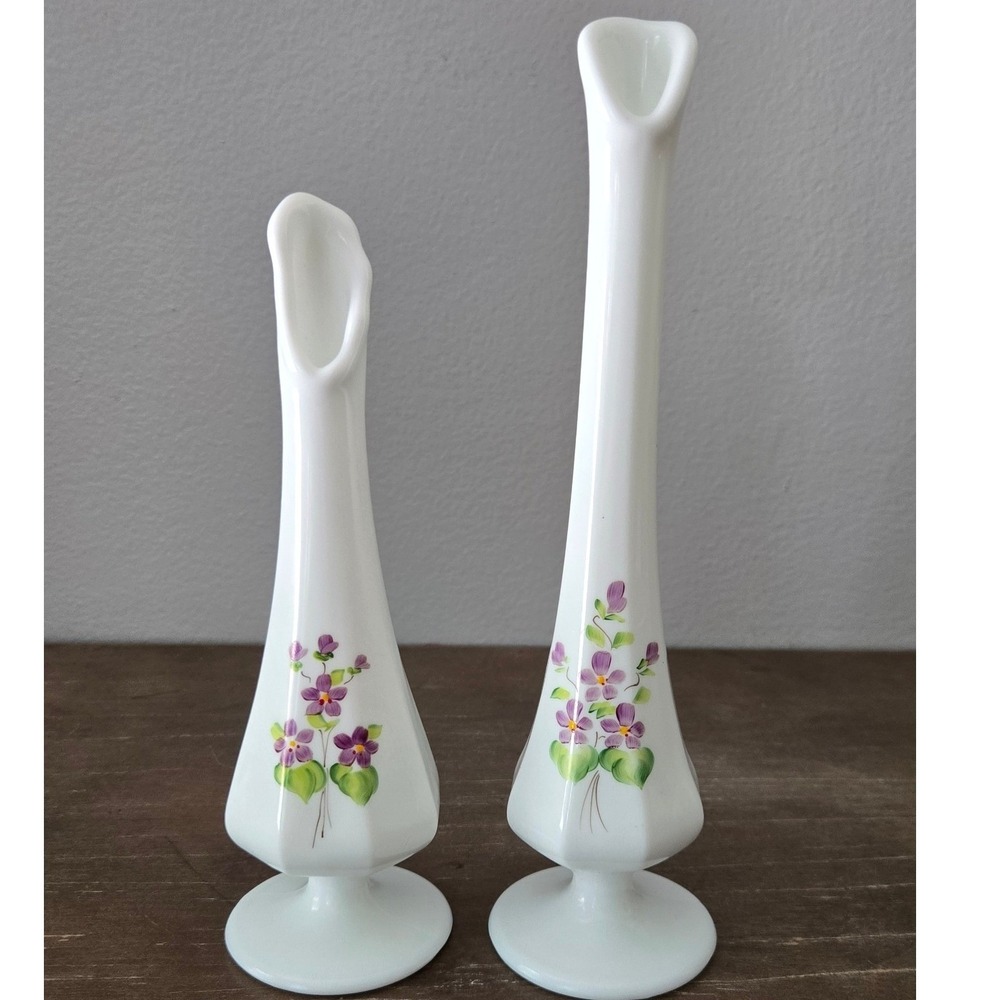Vintage Fenton Milk Glass Bud Vase Pair HandPainted Purple Violets Signed Floral
